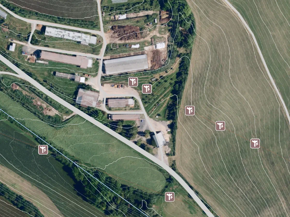Czech Republic: Imagery from CÚZK (CC BY 4.0). Creeks, roads, power lines and power pole locations from © OpenStreetMap contributors.