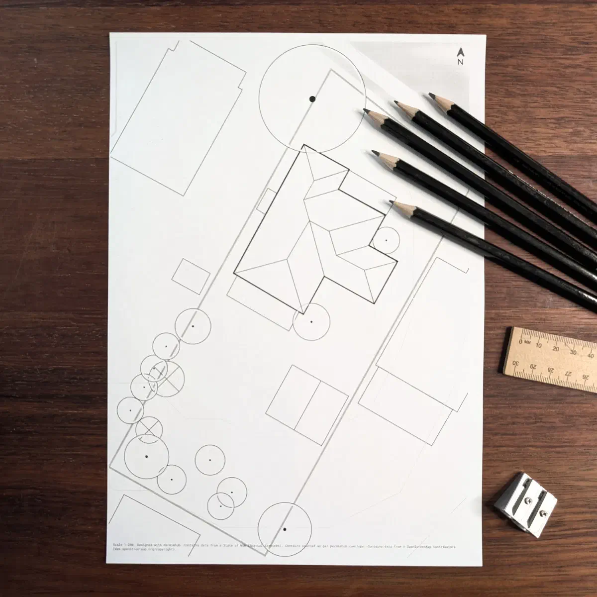 A printed base map, ready for on-site notes and sketching our design ideas.