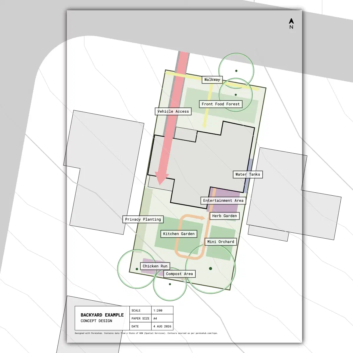 Permaculture zone design layout with custom labels created using specialised permaculture design software (Permiehub)