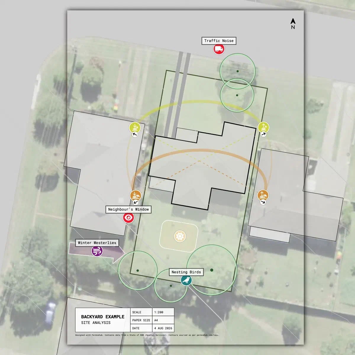 Permaculture site analysis map showing sector overlays and sun path visualisation over aerial property imagery (Permiehub)