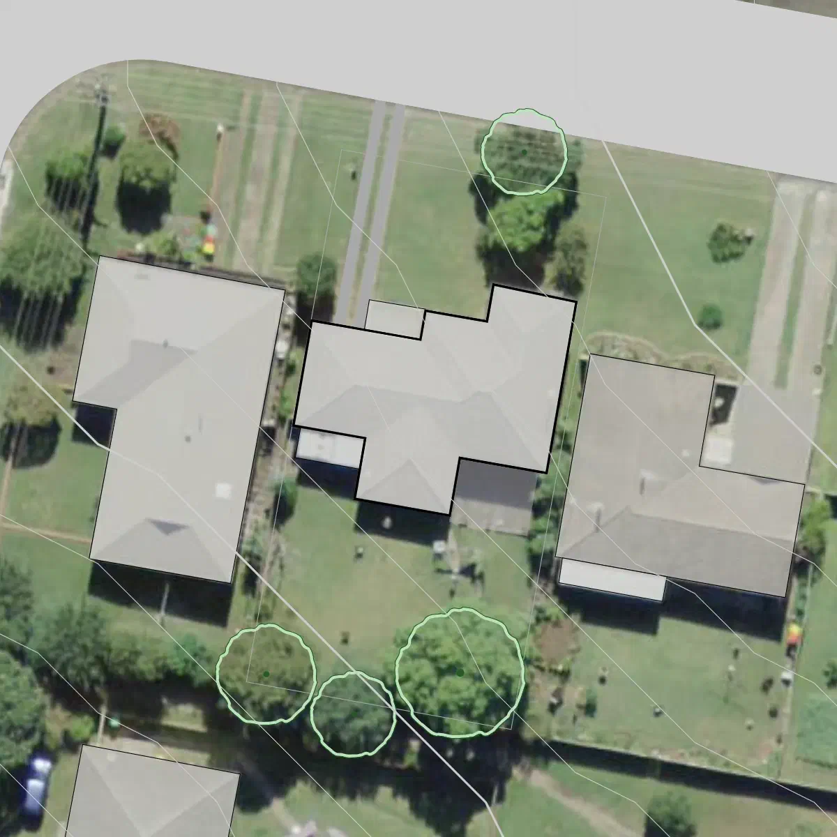 Structures traced and trees marked over the imagery.