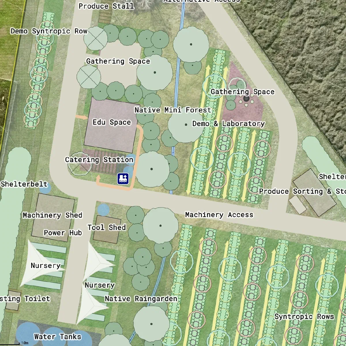 A syntropic agroforestry demonstration farm design - concept design and detailed planting rows.